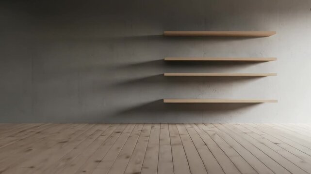 Empty wooden shelves on a textured wall with wooden floor.