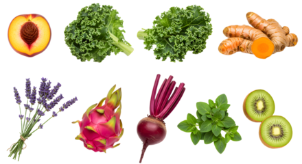 Fresh healthy fruits and vegetables including peach, lettuce, turmeric, lavender, dragon fruit, beetroot, basil, and kiwi on white background, perfect for wellness blogs