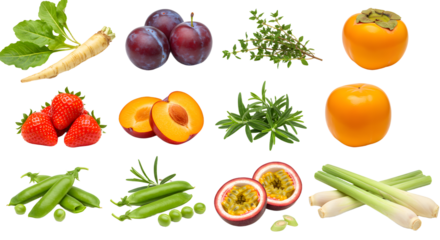 Fresh mixed fruits and herbs including strawberries, plums, apricots, passion fruit, persimmons, peas, and fresh herbs isolated on white background, perfect for healthy eating