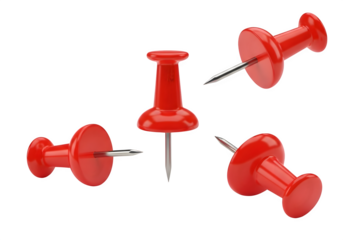 Image of super premium transparent photo of four red thumbtacks scattered on a white surface, isolated on transparent background