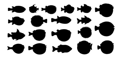 Black Silhouette Variety of Different Shaped Fish Sea Life Illustration