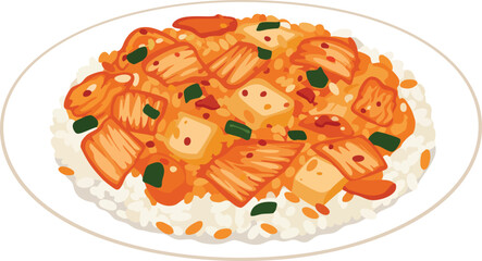 A vibrant illustration of a plate of Korean kimchi fried rice with tofu and scallions.