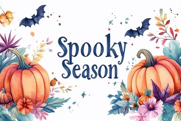A cute Halloween design with pumpkins, bats, and flowers on a white background