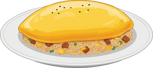 A close-up illustration of a delicious omurice dish served on a white plate, featuring fluffy scrambled eggs atop seasoned fried rice with visible pieces of meat and vegetables.