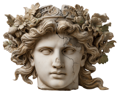 Serene ancient deity statue fragment of divine figure head. broken classic marble sculpture shows god with wreath, evoking history, art, and mythology