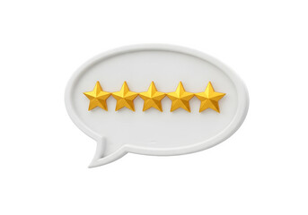 Image of super premium transparent photo of five golden stars in a speech bubble, representing a perfect customer review or rating, isolated on transparent background