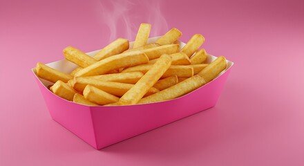 Golden fries steaming with flavor&mdash;served in a bold pink container for a pop-art twist on comfort food