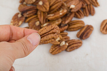 Many pecan nuts isolated on white, set
