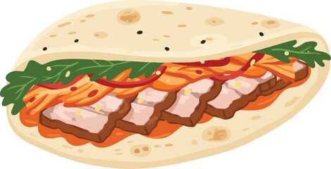 A delicious-looking steamed bun filled with sliced pork, kimchi, and greens, garnished with sesame seeds and chili slices.