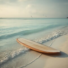 Wooden Paddle Board on Sandy Beach at Sunset