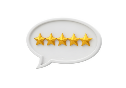 Image of super premium transparent photo of five golden stars in a speech bubble, representing a perfect customer review or rating, isolated on transparent background