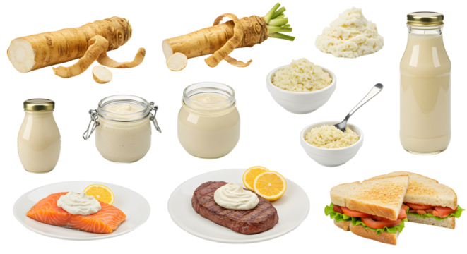 Horseradish condiment sauce in jars and bottle with fresh root, creamy horseradish on steak, fish, and sandwich, homemade spicy spread perfect for cooking and meals