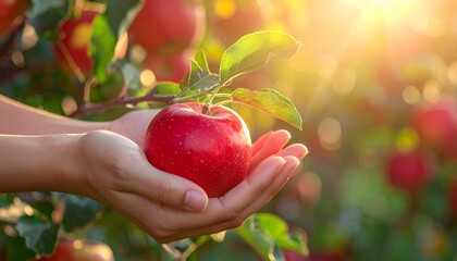 A close-up of a woman’s hand gently picking a ripe red apple from a tree in a garden. The apple glows with freshness, its vibrant red skin contrasting with the green leaves around it. 