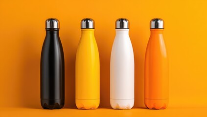 Four insulated water bottles in vibrant hues of black, yellow, white, and orange, arranged against a bright orange background, present a striking visual display of contemporary style and practicality.