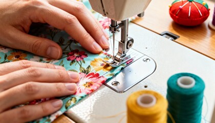 Sewing machine stitching floral fabric, closeup hands and textile