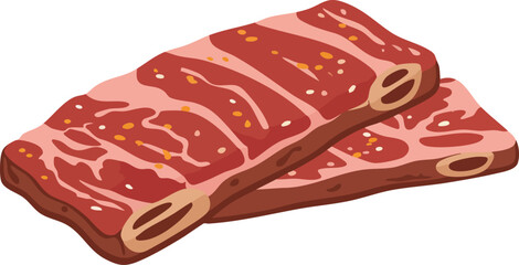 An illustration of two raw, seasoned beef short ribs, flanken cut for grilling or Korean barbecue, isolated on a white background.