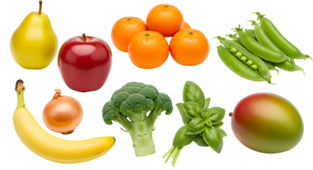 Fresh variety of healthy fruits and vegetables including pear, apple, oranges, peas, banana, onion, broccoli, basil, and mango displayed on white background, ideal for nutrition and wellness content