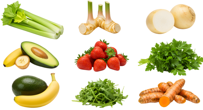Fresh and vibrant selection of healthy fruits and vegetables including avocado, strawberries, celery, turmeric, banana, and greens perfect for nutritious meals and recipes