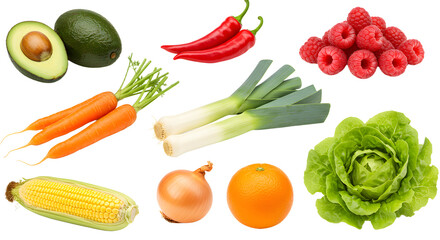 Fresh assortment of colorful vegetables and fruits including avocado, carrots, chili peppers, raspberries, leek, corn, onion, orange, and lettuce ? perfect for healthy meals