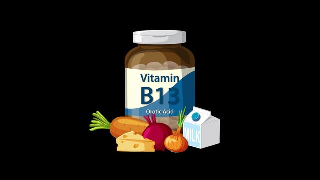 Vitamin B13 Supplement Bottle with Food Sources Animation Sequence