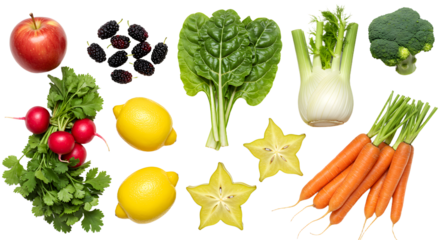 Fresh assortment of healthy fruits and vegetables including apple, blackberries, spinach, fennel, broccoli, radishes, lemons, starfruit, and carrots for nutritious meals