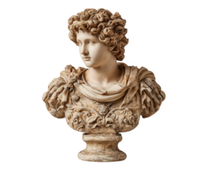 Antique Roman emperor bust statue, classic ancient art element. This isolated stone sculpture of historical ruler has stoic, contemplative expression on transparency background