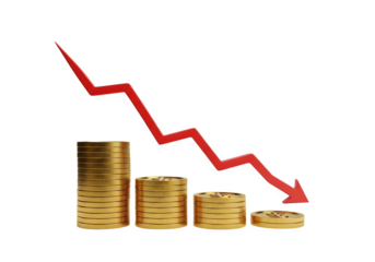 Image of super premium transparent photo of financial crisis concept with a downward trending red arrow superimposed over stacks of gold coins, isolated on transparent background
