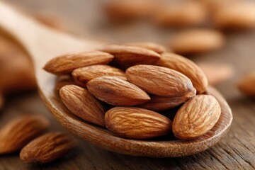 Close-up of raw almonds on a wooden spoon