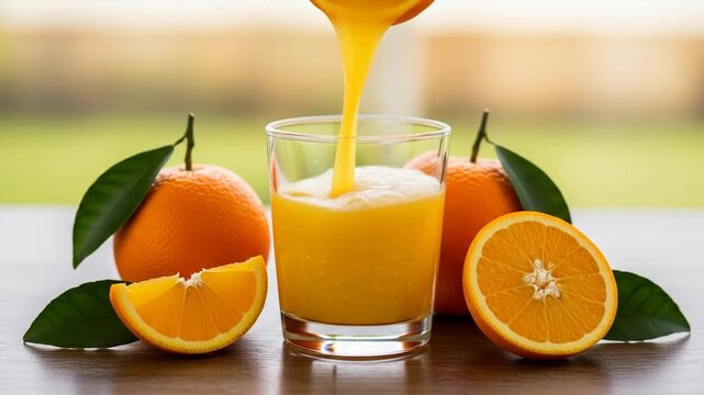 Freshly Squeezed Orange Juice Pouring Into Glass With Whole and Sliced Oranges on Wooden Surface