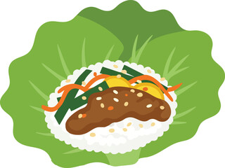 Close-up of a Korean ssam, a wrap of rice, meat, and vegetables in lettuce.