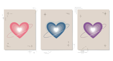 A set of three aesthetic posters featuring glowing hearts in pink, blue, and purple, each with a planetary ring. © Muflif