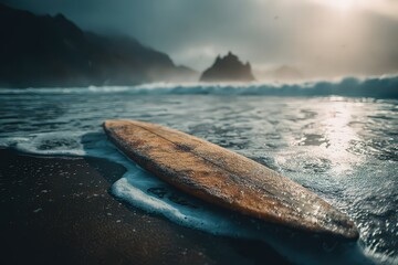 Wooden Surfboard on Sandy Beach with Dramatic Ocean Background