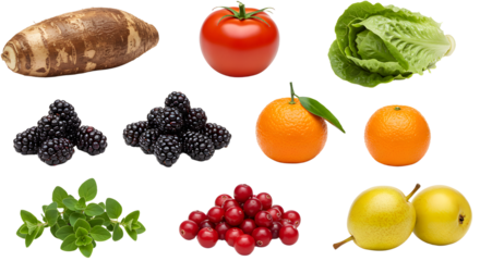 Fresh variety of fruits and vegetables including tomato, blackberry, lettuce, citrus, lemon, tangerine, cranberry, and Jerusalem artichoke, perfect for healthy recipes