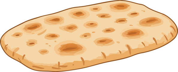 A simple cartoon illustration of a single piece of baked naan flatbread.