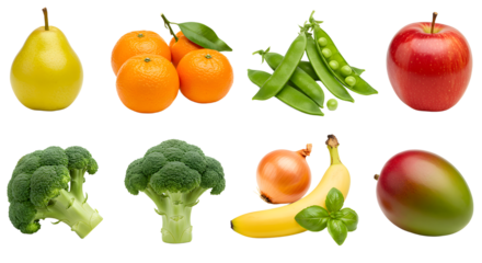 Fresh variety of healthy fruits and vegetables including pear, mandarins, peas, apple, broccoli, onion, banana, and mango isolated on white background