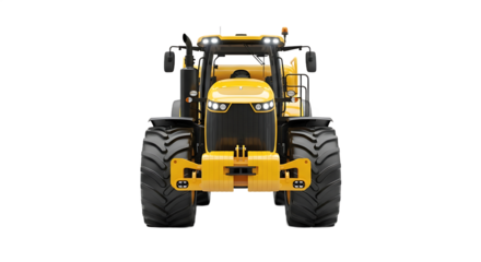 Modern Yellow Agricultural Tractor with Bright Headlights, Front View, Transparent Background