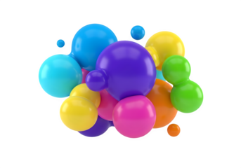 Image of super premium transparent photo of abstract arrangement of colorful glossy spheres and bubbles of various sizes, isolated on transparent background