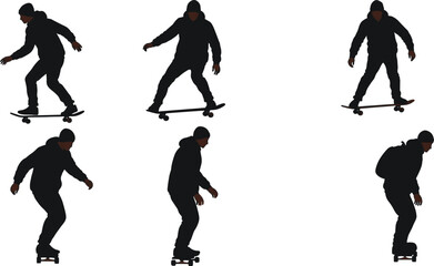 Skateboard silhouette vector, hoodie rider, trick motion, urban sport, youth activity, dynamic pose, backpack style, street movement, skateboarding concept