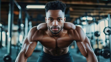 Fototapeta premium A muscular man in a gym, performing a push-up exercise.