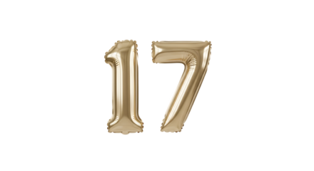 Golden Inflatable Balloon Number 17 for Celebrations and Anniversaries on Transparent Background