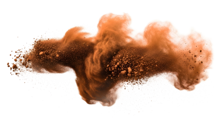 Explosion of brown, earthy powder creating a dynamic dust cloud of fine particles isolated on a white background