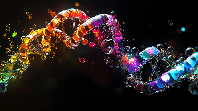 Vibrant, shimmering DNA helix structure with colorful molecules and liquid droplets, representing genetic science and innovation.