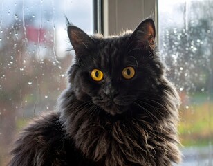 A fluffy long-haired black cat with striking yellow eyes sits indoors in front of a window with raindrops on the glass.