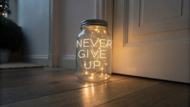 Illuminated Mason Jar with Inspiring Message Never Give Up and Warm Glow of Fairy Lights in Cozy Home Setting