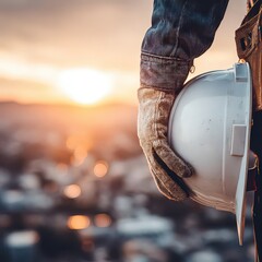 Worker Holding Safety Helmet At Sunrise Over Cityscape
