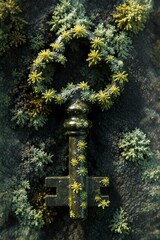 Ancient Skeleton Key Covered in Green Moss and Lichen