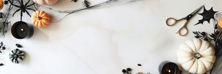 Halloween celebration mockup with pumpkins and decor for festive design. Horizontal banner. Copy space. Template for a hair salon, or barbershop