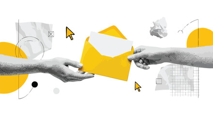Two hands exchanging a yellow envelope with a white letter, surrounded by abstract graphic elements and mouse cursors, symbolizing communication and digital interaction.