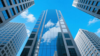Obraz premium Urban High-rises: Low-angle View with a Blue Sky, Business, Finance, and Real Estate Background