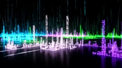 Abstract digital cityscape with binary code rain and vibrant neon colors background loop, perfect - Powered by Adobe